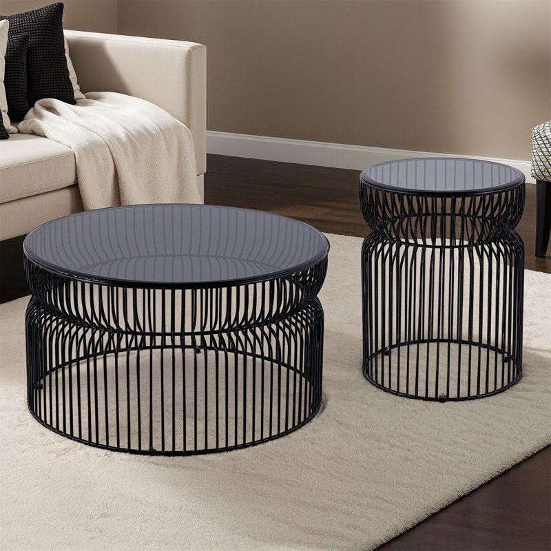 CT901 & ET901 Ensemble de base moderne emboîtable en métal et plateau en verre trempé teinté Table basse ronde de 30 po, table de bout d'une hauteur de 21 po, table d'appoint pour le salon