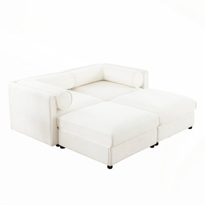 Élégant canapé 2 places en chenille blanche avec rangement pour 2 repose-pieds, dossier cylindrique et accoudoirs, causeuse moderne en tissu avec rangement dissimulé