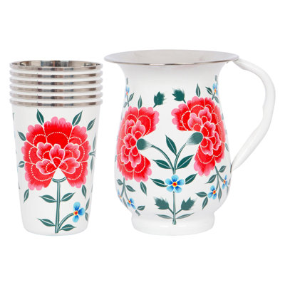 East Urban Home Hand-Painted Picnic Water Jug with 400ml Cups - 1.7L - Ocean Peony
