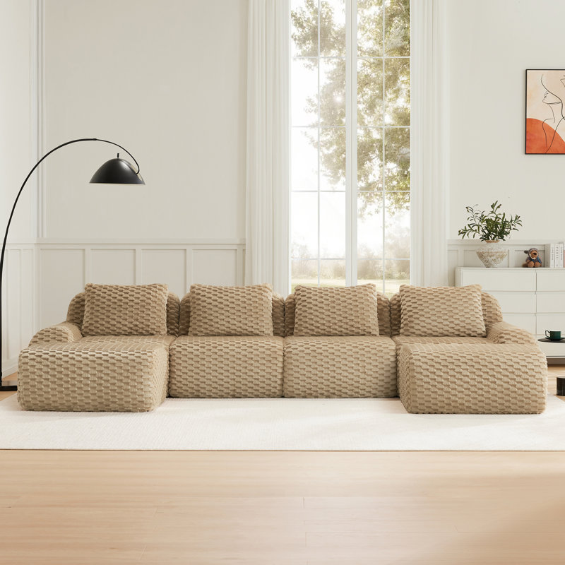 146" Sophisticated U-Shaped Modular Sectional Sofa for Living Room, Flannelette Fabric, Oversized 4-Seater Couch with Deep Seat, Boneless Design, Movable Ottoman, Buckle Connection, Anti-Slip, No Assembly Required, Light Camel