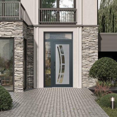 C12 Right-Hand 48 In. X 96 In. Panel Silver Steel Anthracite And Anthracite Clear Glass With Sidelite And Transom Clear Glass Prehung Front Entry Door