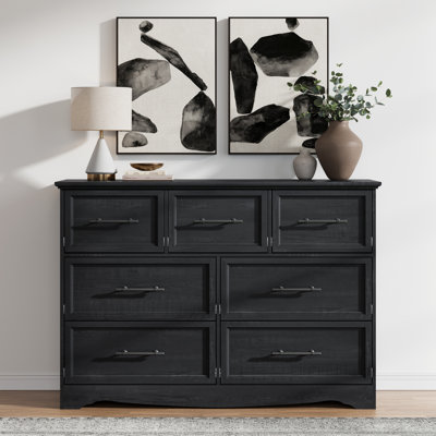 Black Dresser For Bedroom, Modern 7 Chest Of Drawers, 47" Wide Chest Of Drawers With Brushed Metal Handle, Wood Dresser Tv Stand For Bedroom, Living Room, Hallway