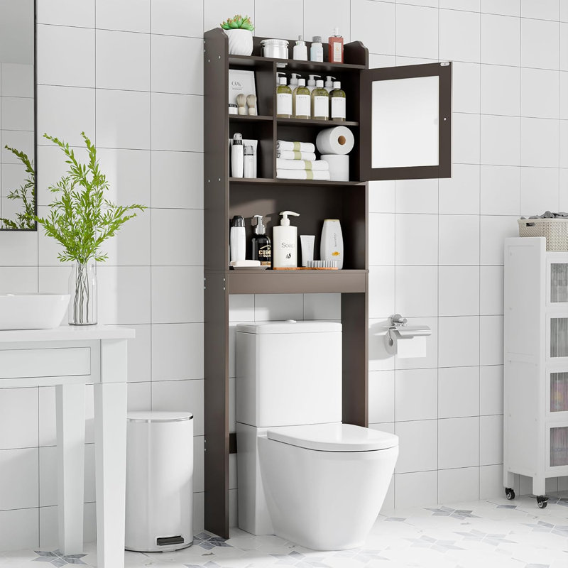 Over The Toilet Cabinet Double Door Wood Bathroom Storage Organizer With Adjustable Shelves, Cubby And Tempered Glass Door