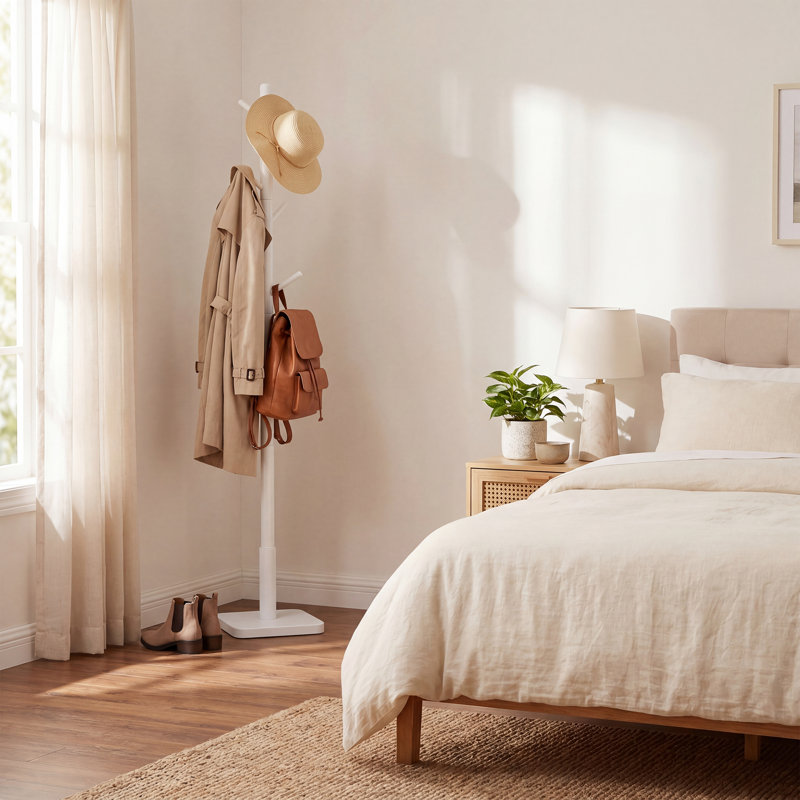 Trikomou Solid Wood 8-Hook Freestanding Coat Rack, Cloud White