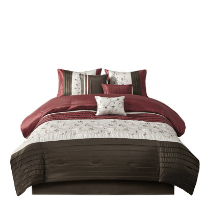 Elegant Red King Comforter 7 Pieces - Embroidery Design Fabric 2 Shams, 3 Decorative Pillows, 1 Bed Skirt Machine Washable Piece Decor 100% Easy To Wash By