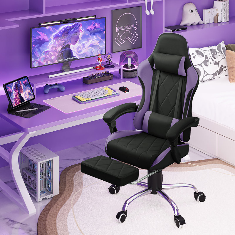 The Twillery Co.® Adjustable Reclining Ergonomic Faux Leather Swiveling PC & Racing Game Chair with Footrest, Purple