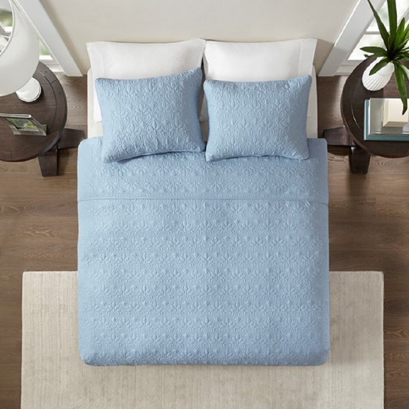 Ensemble de courtepointe réversible 3 pièces pour très grand lit - Literie décontractée à l'année avec coton prélavé, Bleu