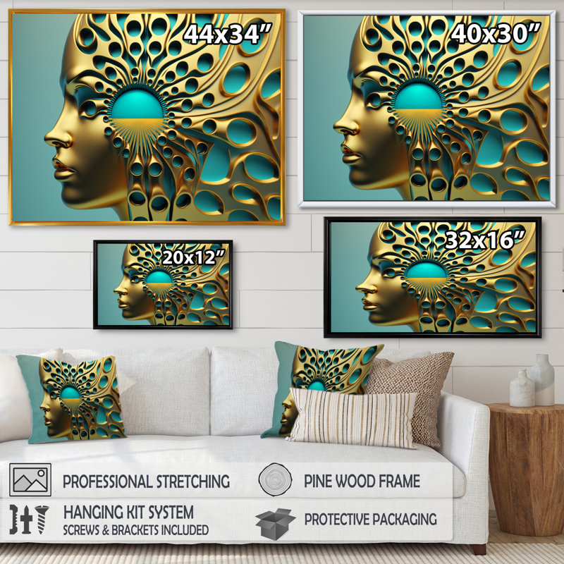 «Visionary Gold and Turquoise Goddess III», reproduction sur toile, H 12 po x l 20 po x P 1 po, Cadre flottant doré