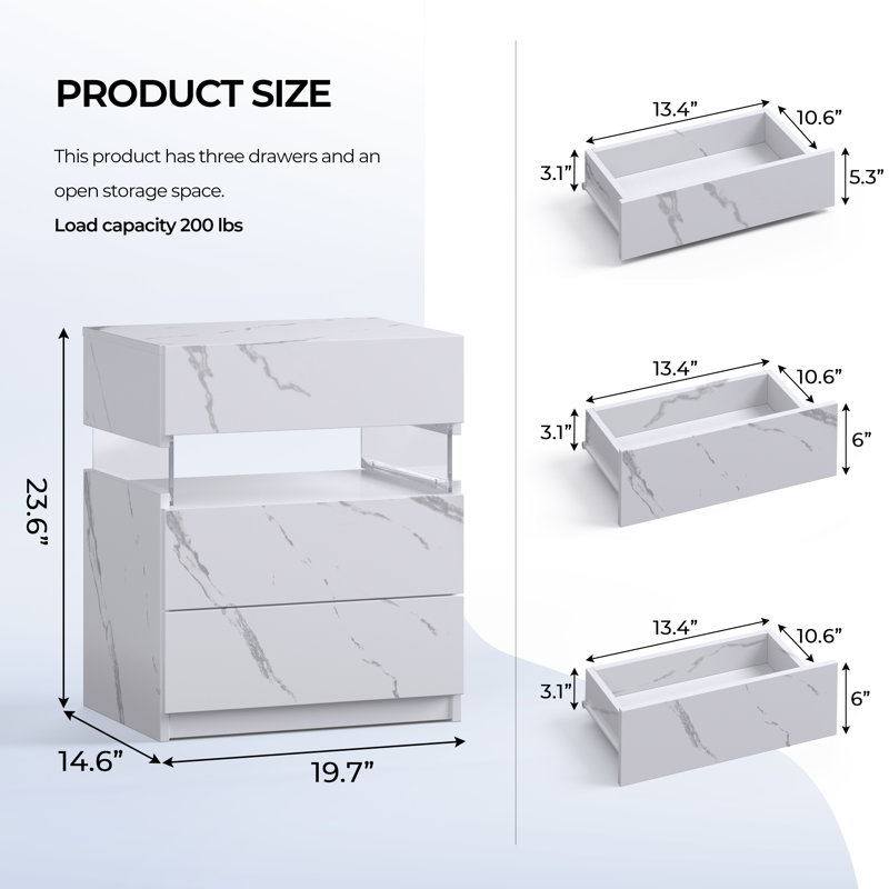 White and Gray LED 3-Drawer Nightstand Set