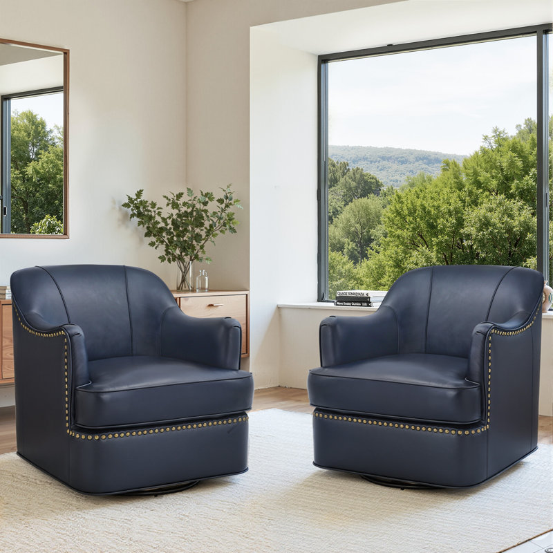 Fauteuil demi-tonneau pivotant en cuir véritable Fazio, Marine