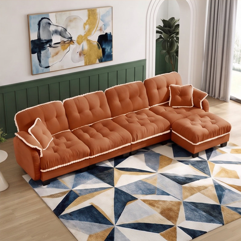 Canapé d'angle en forme de L Chenille Cloud de 130 pouces de large avec pouf et 4 coussins, 35" H x 132" W x 32" D