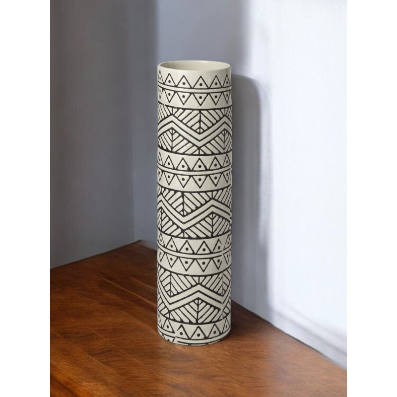 17" Cream and Charcoal Geometric Cylinder Ceramic Vase, 14" H x 4" W x 4" D