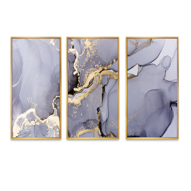 Encre mauve et dorée à l'encre liquide - Impression sur toile flottante 3 pièces, H 28 po x l 36 po x P 1 po, Cadre doré