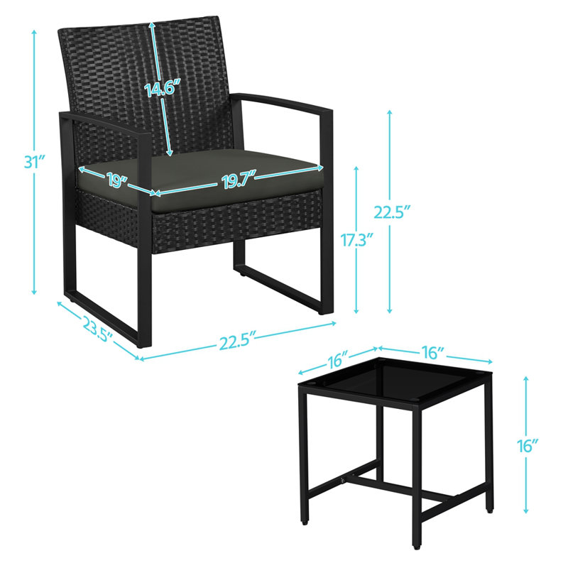 Ensemble de meubles de patio 3 pièces Bowmore avec chaises rembourrées en rotin et table en métal, Gris