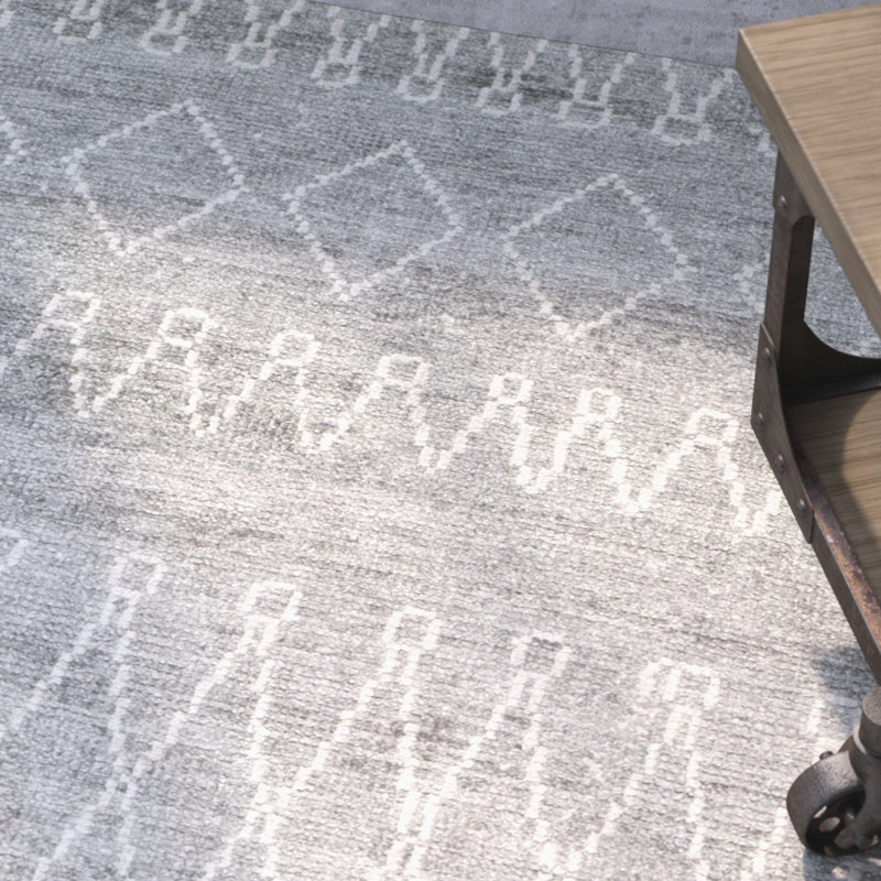 Tapis gris en soie noué à la main à motif géométrique, Rectangle 4 pi x 6 pi
