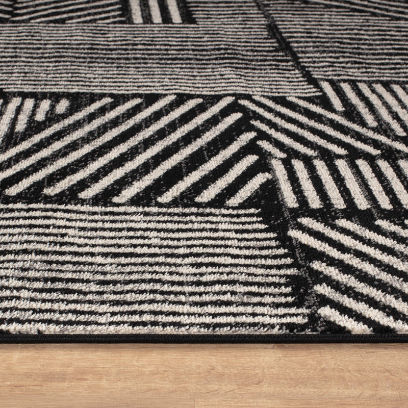 Rambo Geometric Black/Ivory Area Rug, Square 6'7", Black