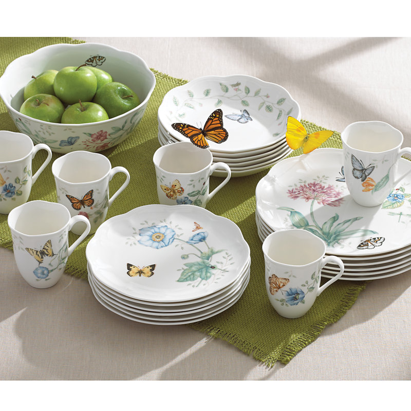 Butterfly Meadow 18-Piece White Porcelain Dinnerware Set with Floral Graphics