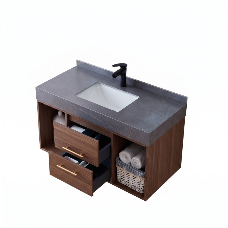 Ensemble de meuble-lavabo simple flottant moderne 40 "avec plateau en pierre frittée et lavabo en céramique encastré