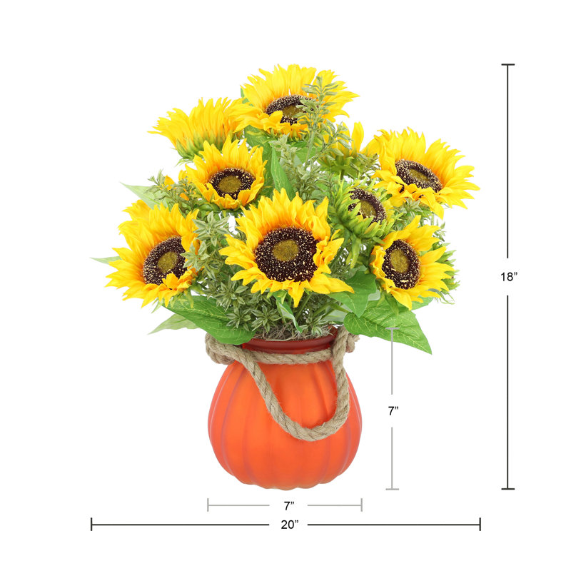 Fall Arrangement with Sunflowers and Tea Leaves in Pumpkin Vase