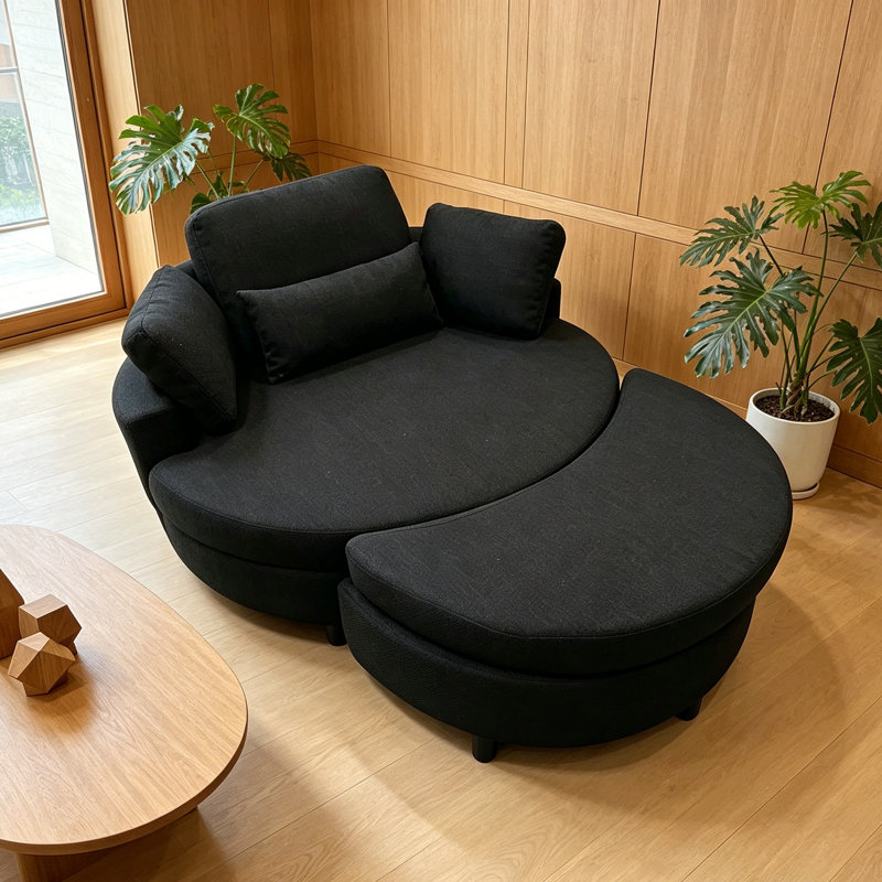 Danieal 51.2'' Wide Barrel Chair and Ottoman, Black Polyester Blend