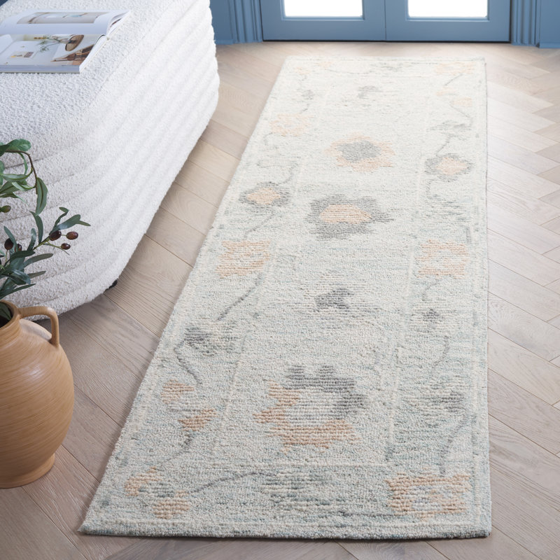 Portville Abstract Hand Tufted Wool Cotton Floral Rug in Gray/Beige, Runner 2'3" x 8'