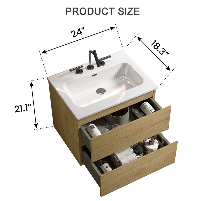 Meuble-lavabo flottant avec lavabo en céramique et trois trous de robinet, Chêne