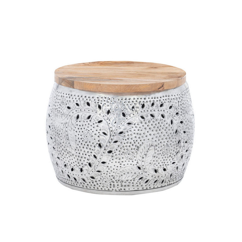 Grande table tambour Sylvie, H 18,5 po x l 27,5 po x P 27,5 po, Naturel / argent