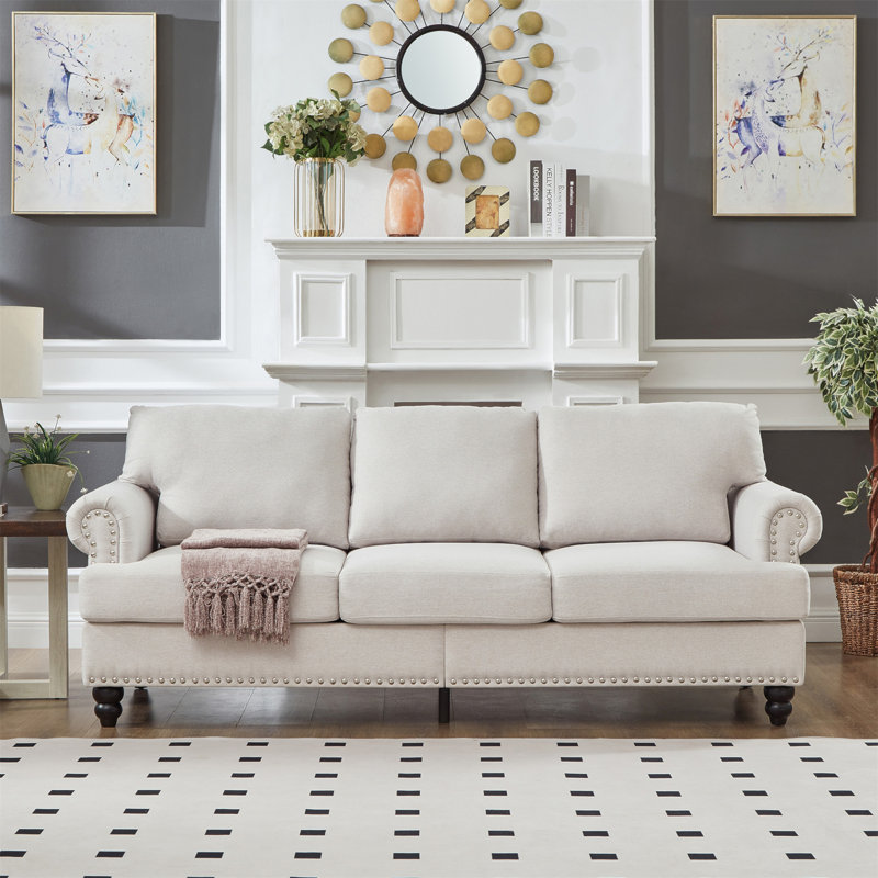 83" Modern Classic Design With Nails Living Room Three Seater Sofa Fabric Couch,Upholstered Polyester Beige., Beige