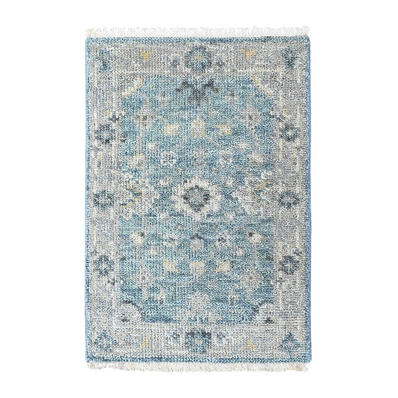 Bleu poudre 2 pi x 3 pi, collection Souple, motif Oushak, laine luxueuse nouée à la main, colorants végétaux, tapis, échantillon, tapis oriental