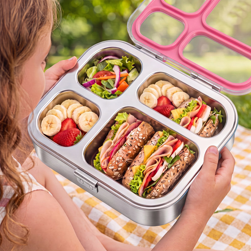 Boîte à lunch Bento en acier inoxydable, 4 compartiments, étanche, légère, Rose