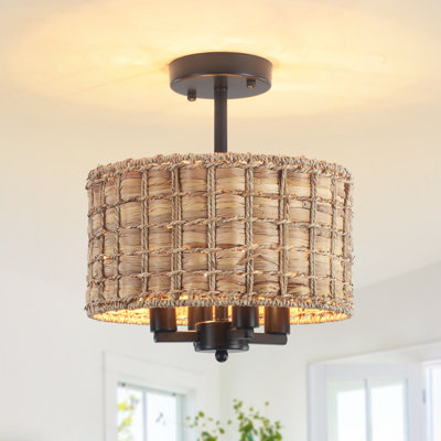 4 - Light 12 inch Boho Natural Rattan Black Chandelier, Dimmable Seagrass Drum Semi Flush Mount Ceiling Light Fixture With E12 Base for Dining Room