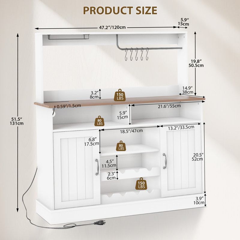  Buffet avec armoire à vin blanc avec rangement, armoire à café robuste en panneau de fibres à densité moyenne pour la cuisine, la salle à manger et le bar à domicile, organisateur de rangement de garde-manger autoportant