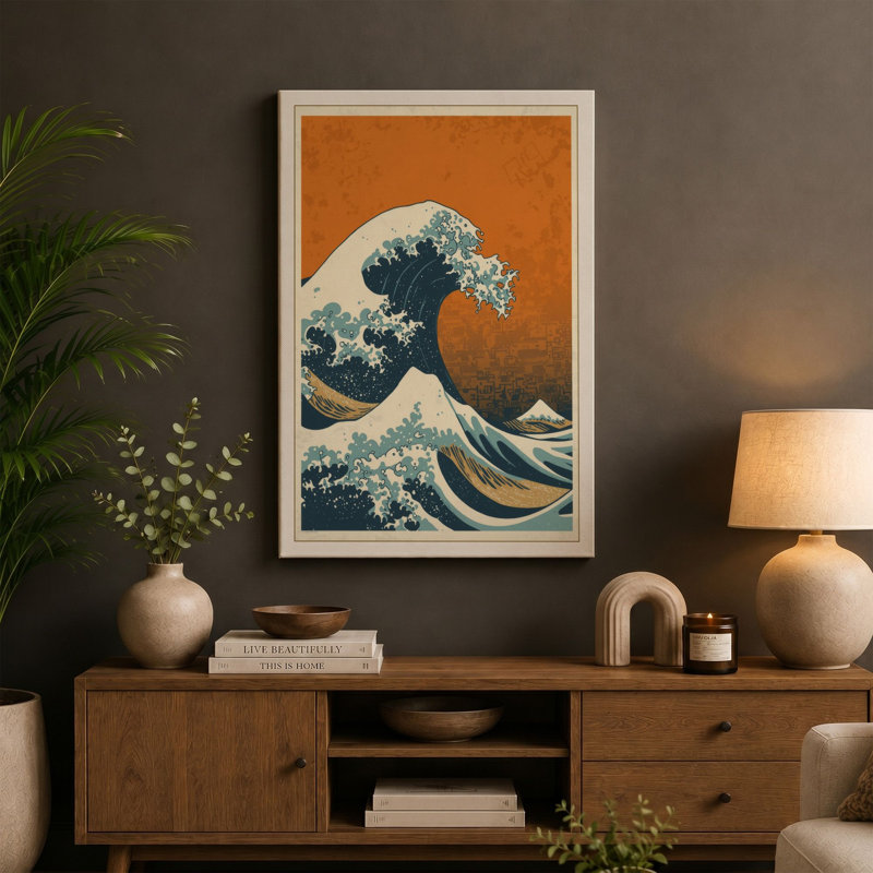 Great Wave Rising Japandi - Wrapped Canvas, 30x20 - 76.2 x 50.8 cm, Terracotta Border