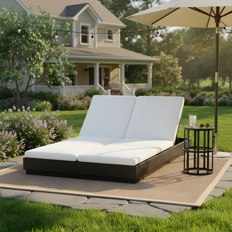Opheim Patio 2-Piece Acacia Wood Double Chaise Lounge With Ceramic Tile Side Table Set