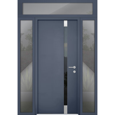 Front Exterior Prehung Steel Door / Cynex 6777 Grey / 2 Side and Top Exterior Window / Stainless Inserts Single Modern Painted-W12+36+12" x H80+16"-Left-hand Outswing