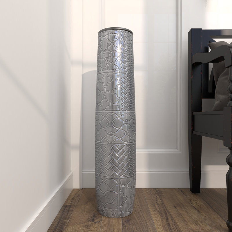 Ceramic Slim Engraved Patterned Decorative Gray Vase, 30" H x 6" W x 6" D
