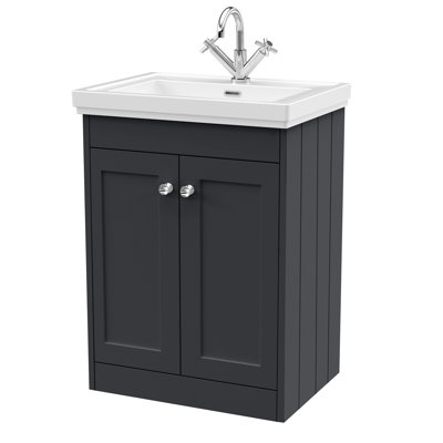 Old London Ashwick Satin Soft Black 600mm Floorstanding 2-Door Unit With Basin 1 Tap Hole