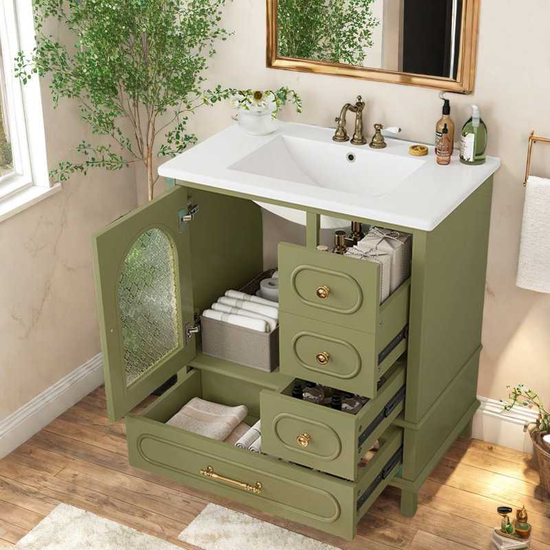 Meuble-lavabo compact en bois vert avec lavabo, solution de rangement moderne