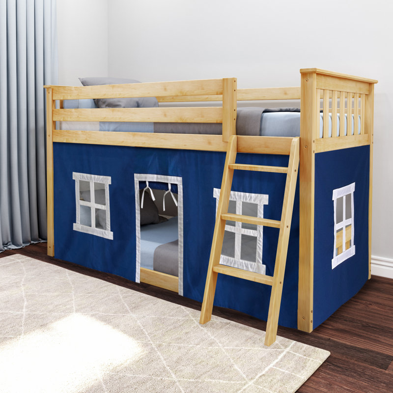 Mendelson Kids Low Bunk Bed with Curtain, Natural, Blue