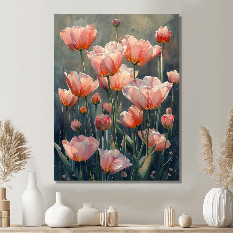 Décoration murale tulipes roses et vertes, Toile tendue, H 34 po x l 44 po