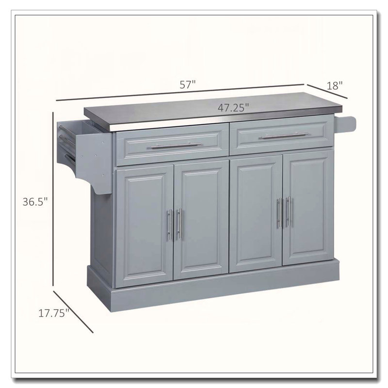 57" Rolling Kitchen Island with Stainless Steel Top, Gray