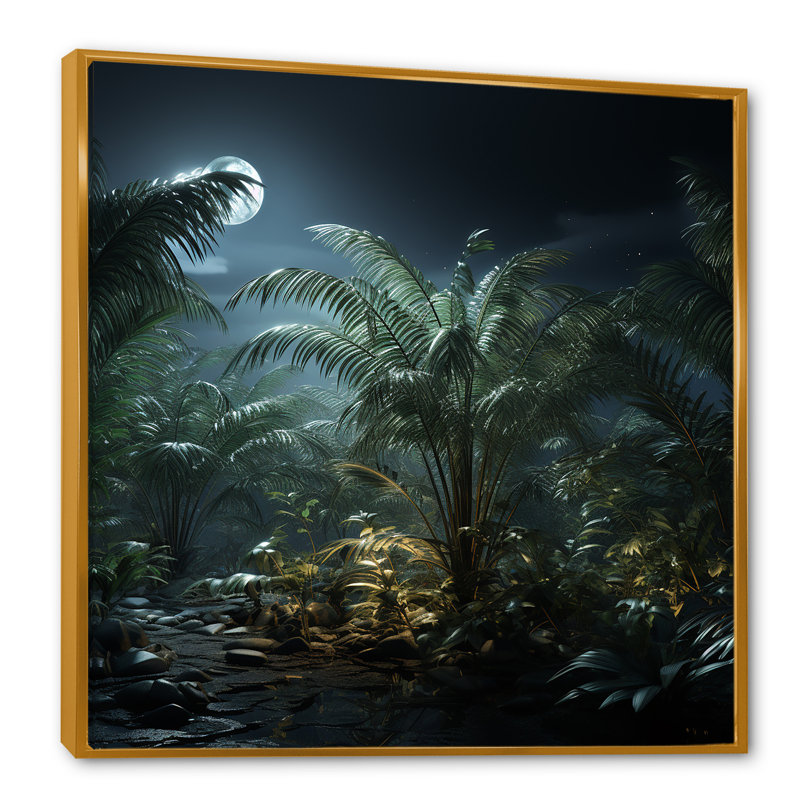 Clair de lune, palmiers, forêt II, Cadre flottant doré, H 16 po x l 16 po