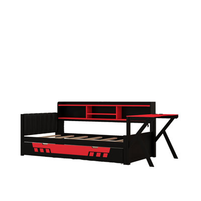 Cadre de lit de jour avec bureau, tablettes de rangement et station de recharge