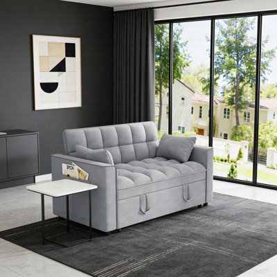 Velvet Sleeper Sofa With Pull-Out Bed – Modern Convertible Loveseat Sofa Bed With Adjustable Backrest, Pillows & Side Pockets