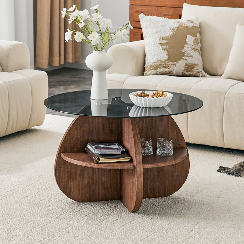 Table basse à structure croisée Creative avec plateau en verre trempé gris et rangement en forme d'éventail de couleur noyer