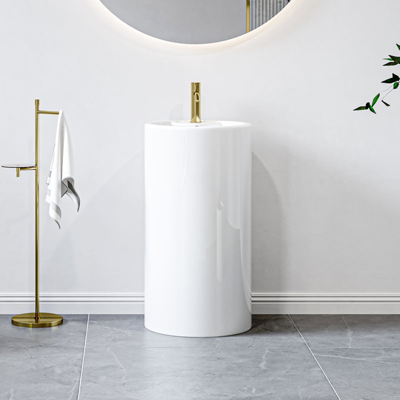 Denbigh 33.5" H Crisp White Ceramic Circular Freestanding Pedestal Bathroom Sink with Overflow