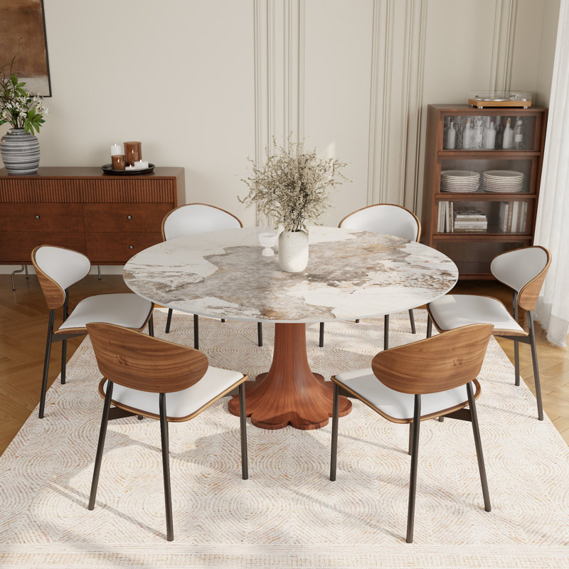 Ensemble de salle à manger de style Mid-Century 2-8 places avec chaises de salle à manger rembourrées en cuir, 7, Brown/White