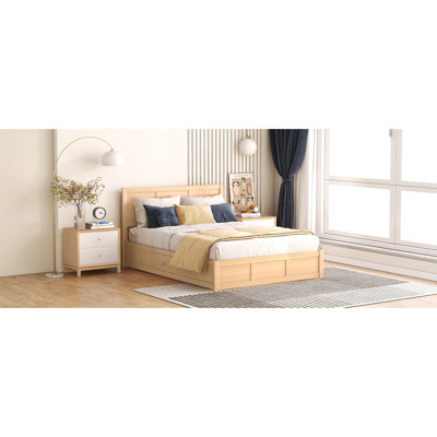 Lit plateforme double en bois avec rangement inférieur et 2 tiroirs, couleur bois