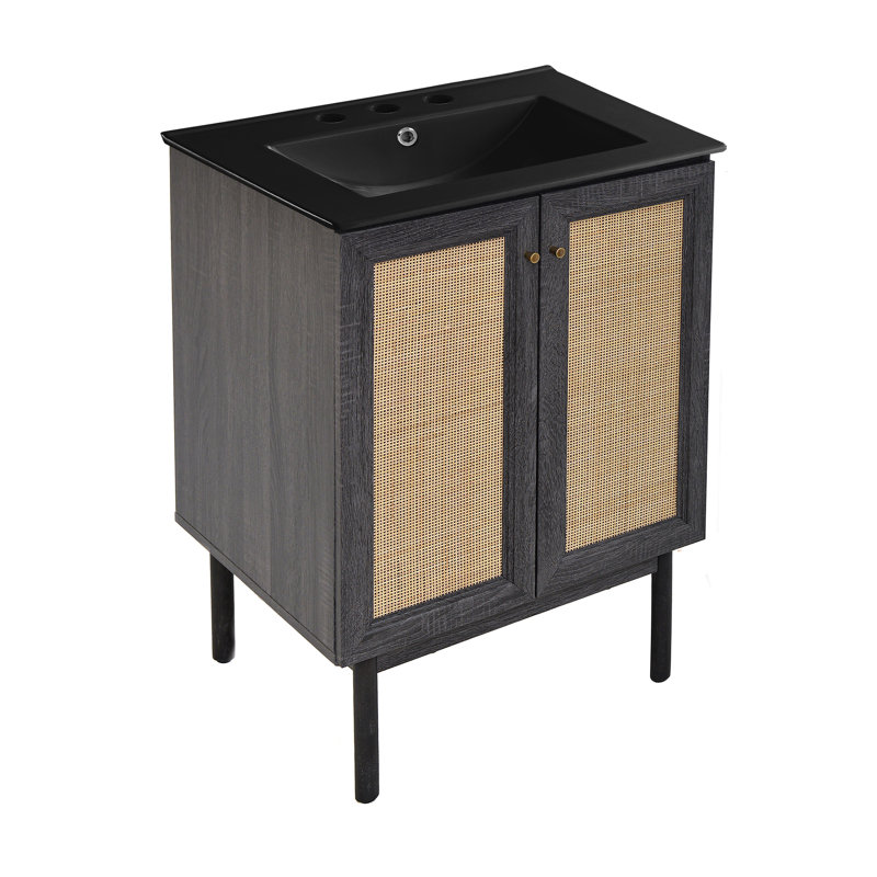 Meuble-lavabo autoportant de 24 po en chêne noir avec plateau central noir à 3 trous Classe, Noir, Noir