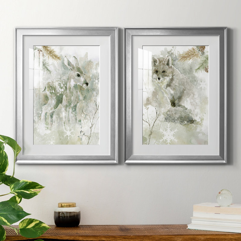 Winter Lodge Fawn - ensemble de 2 reproductions d'art, H 22,5 po x l 61 po x P 1,5 po, Papier avec cadre argenté, Blanc